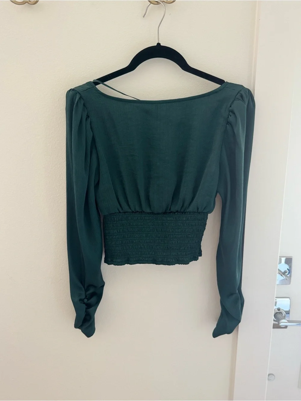 Free People Women's Deep Green Long-Sleeve Smocked Waist Top